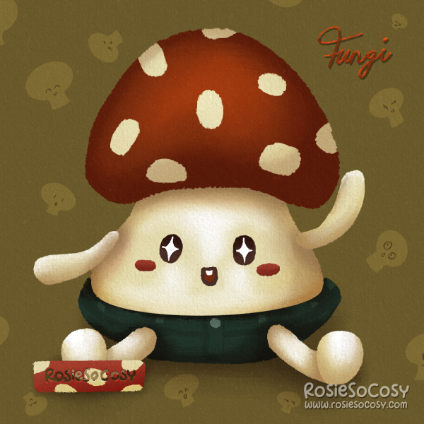 Illustration of a cute mushroom character, Shroompie. It’s a “fun guy” wearing jeans. Shroompie has stars in his eyes, and he is waving at you.