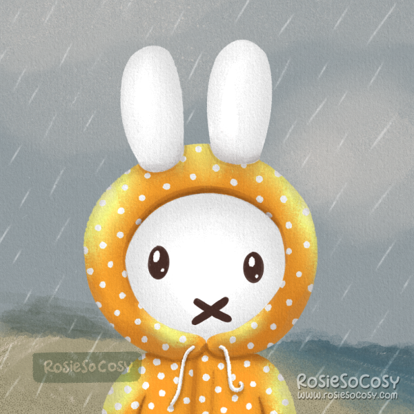 Illustration of Nijntje aka Miffy wearing a yellow rain coat with white polka dots. She is walking down the beach, as an homage to Coldplay’s videoclip of Yellow.
