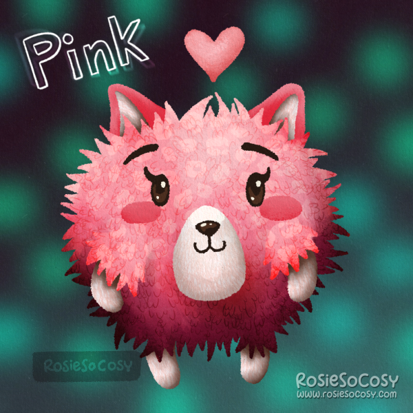 Illustration of a VERY pink, cute cat plush, on a seafoam disco background.
