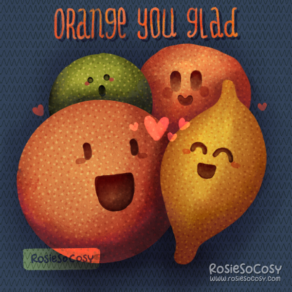 Illustration of a happy orange, with a happy lemon next to it. Behind them are a surprised lime and a content satsume