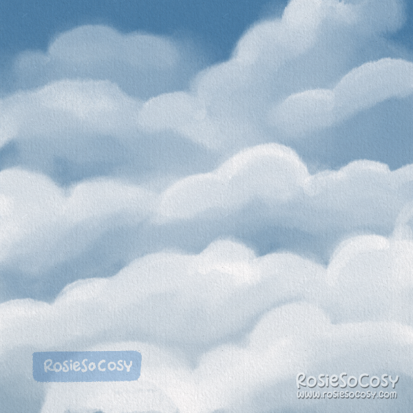 Illustration of white puffy clouds on a blue sky.