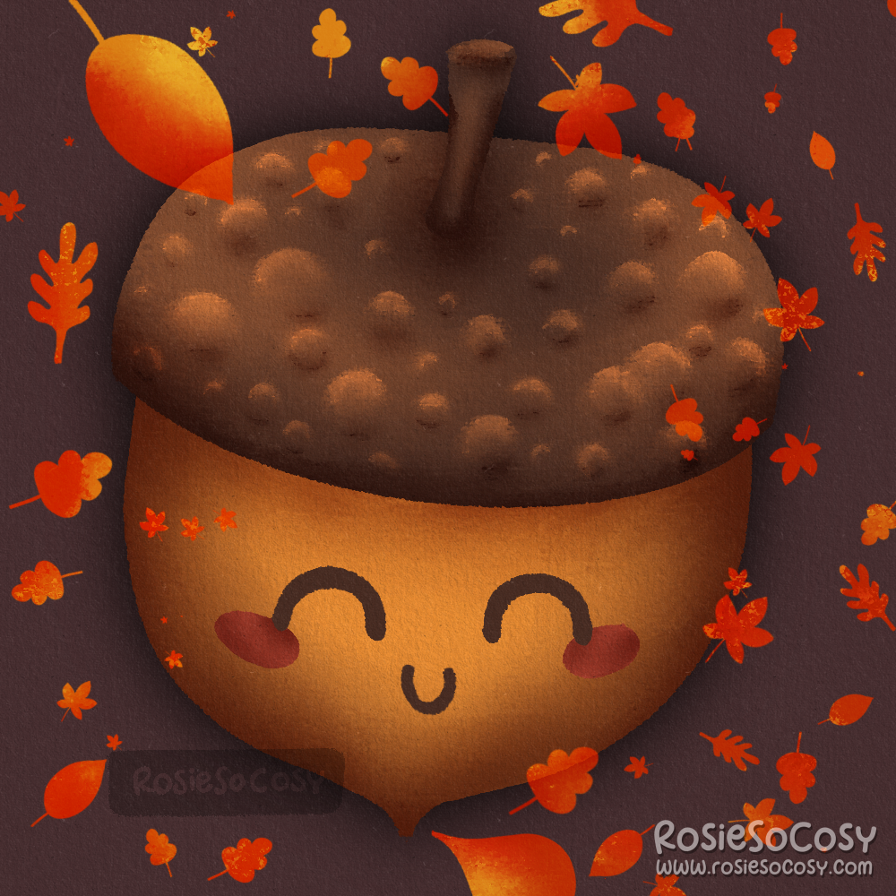 Illustration of an acorn with a cute face, surrounded by red and yellow fall leaves.