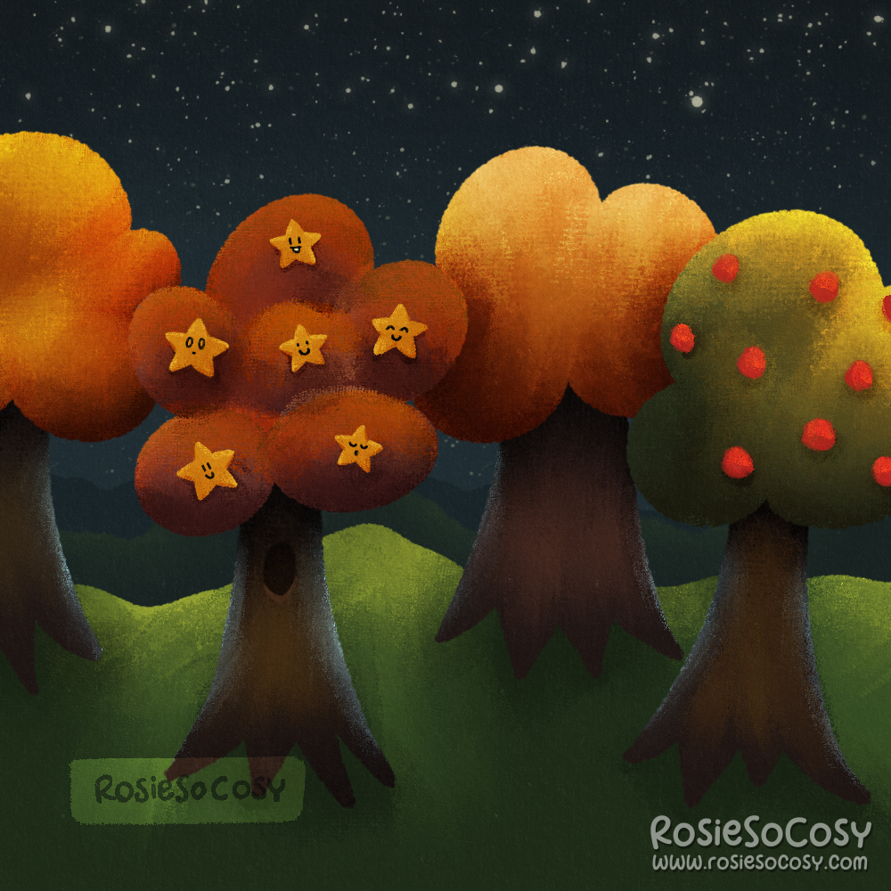 Illustration of a forest with autumnal trees, one of which has yellow stars in it.