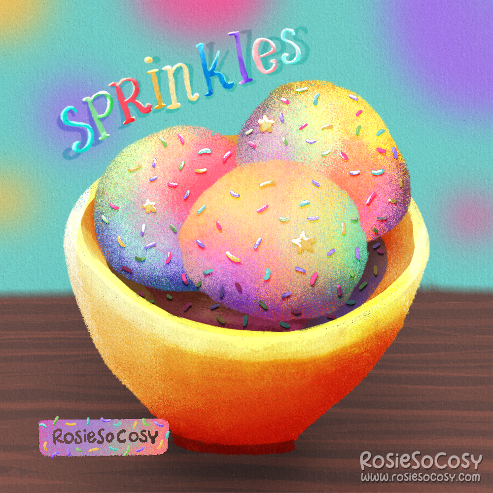 Illustration of a bowl of colourful rainbow ice cream with equally colourful sprinkles.