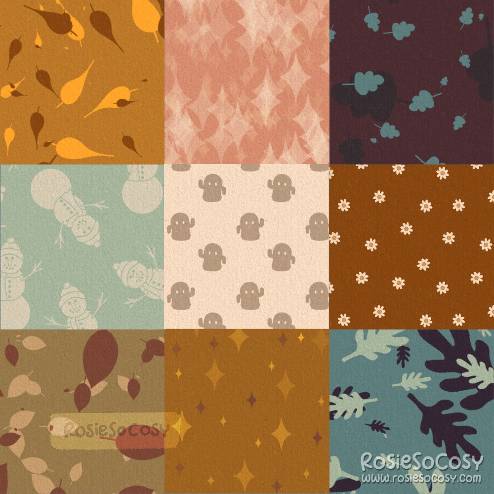 Illustration of a variety of patterns created by Rosie. Most patterns have leaves or flowers, a few have stars, snowmen, and Gyroids.