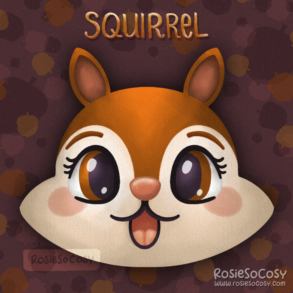 An illustration of a VERY cute squirrel, surrounded by lots of acorns.