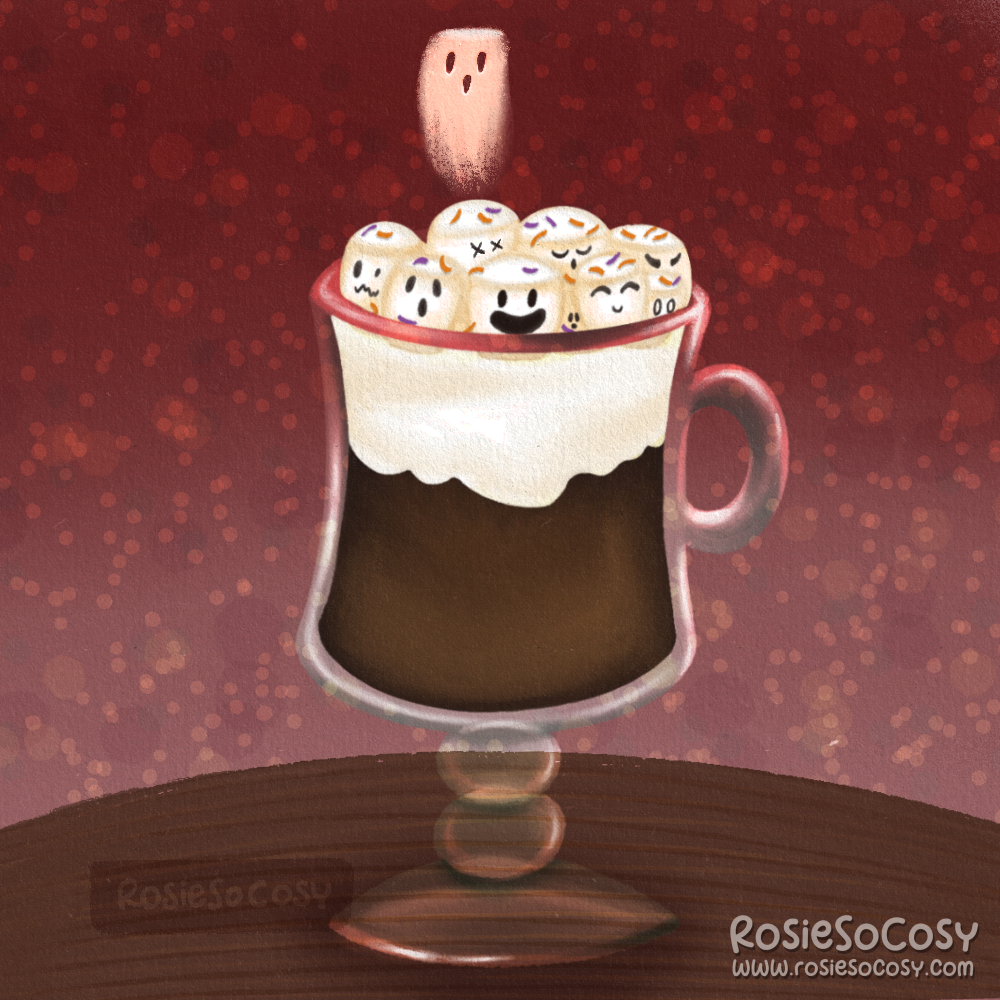Illustration of a glass of hot chocolate, filled with a layer of whipped cream and marshmallows with cute faces. With a slight morbid twist, one of the marshmallows has melted and passed away, and its ghost is floating up into the air.