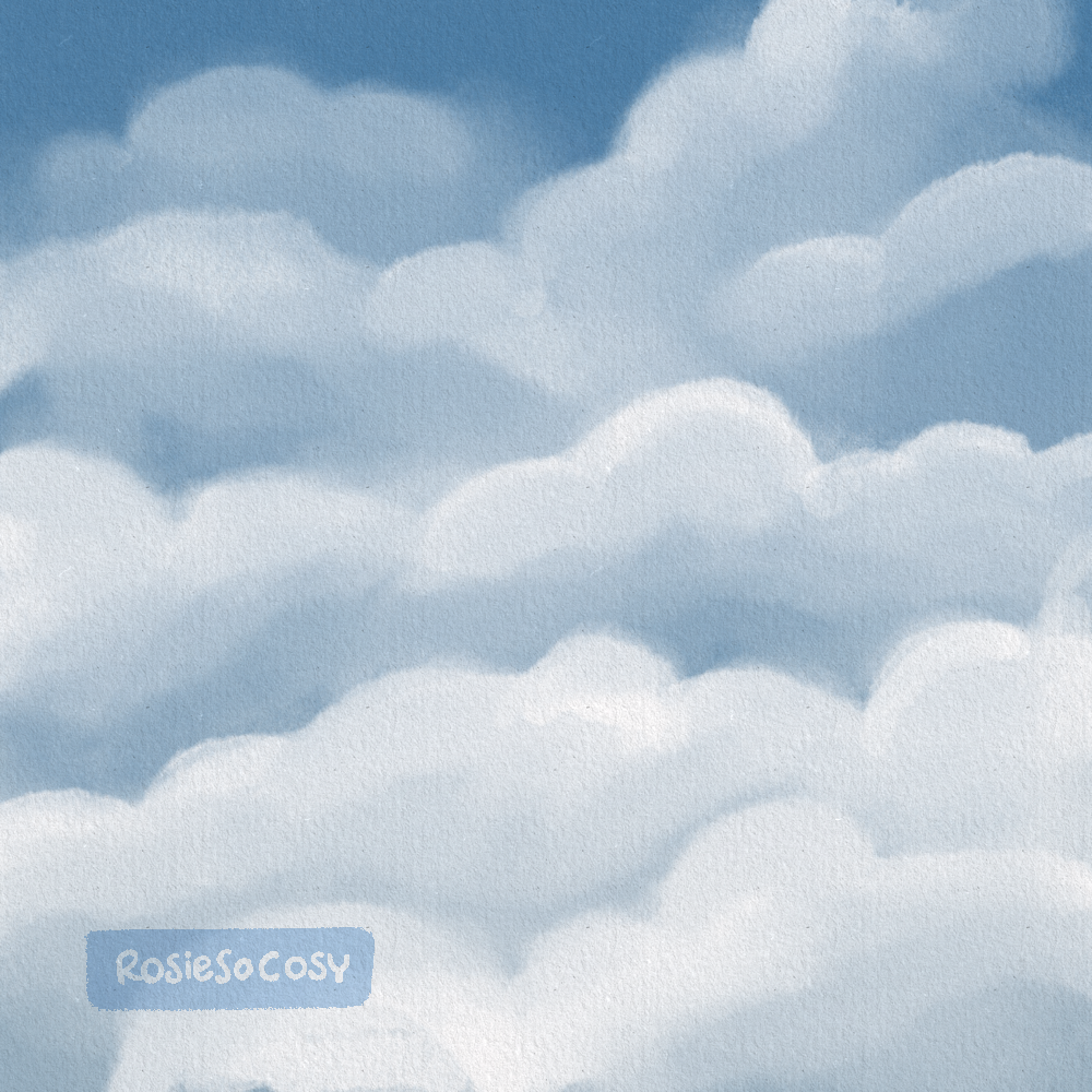 Illustration of white puffy clouds on a blue sky.